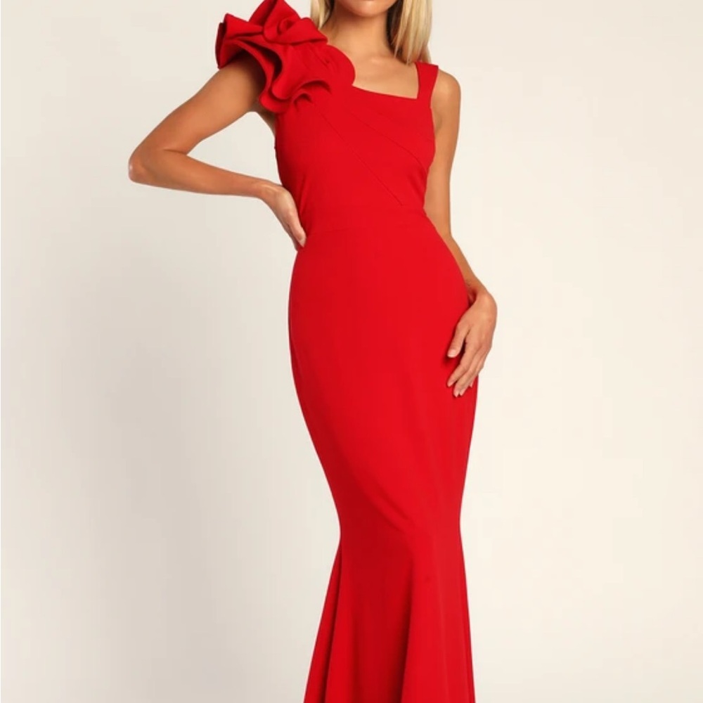 Lulu's Red Ruffled Mermaid Gown Off Shoulder